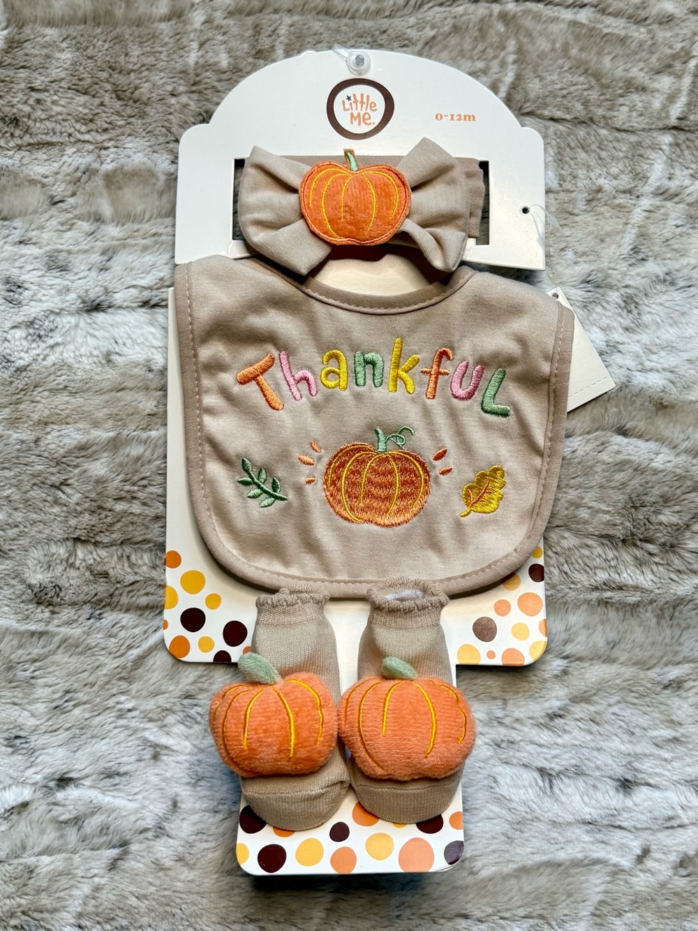 *NWT* Little Me Pumpkin 'Thankful' Harvest Set: Headwrap, Bib & Booties, 0-12M